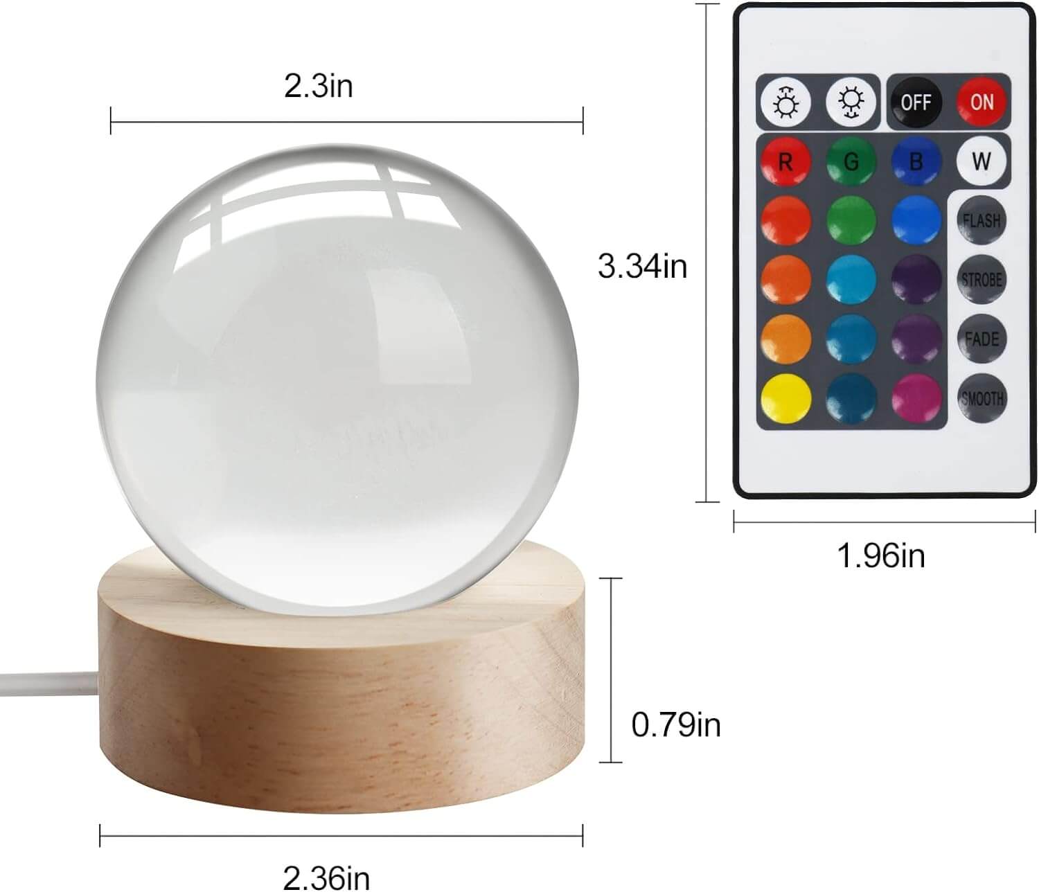 3D Galaxy Crystal Ball night light with remote control featuring multiple color options and measurements