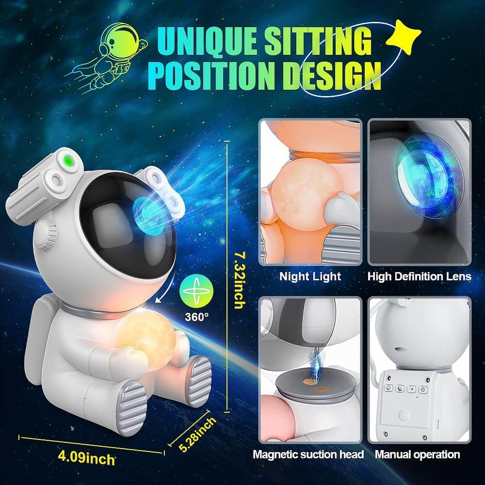 Astronaut Galaxy Star Projector 2.0 Night Light with unique sitting position design, magnetic suction head, and high definition lens.