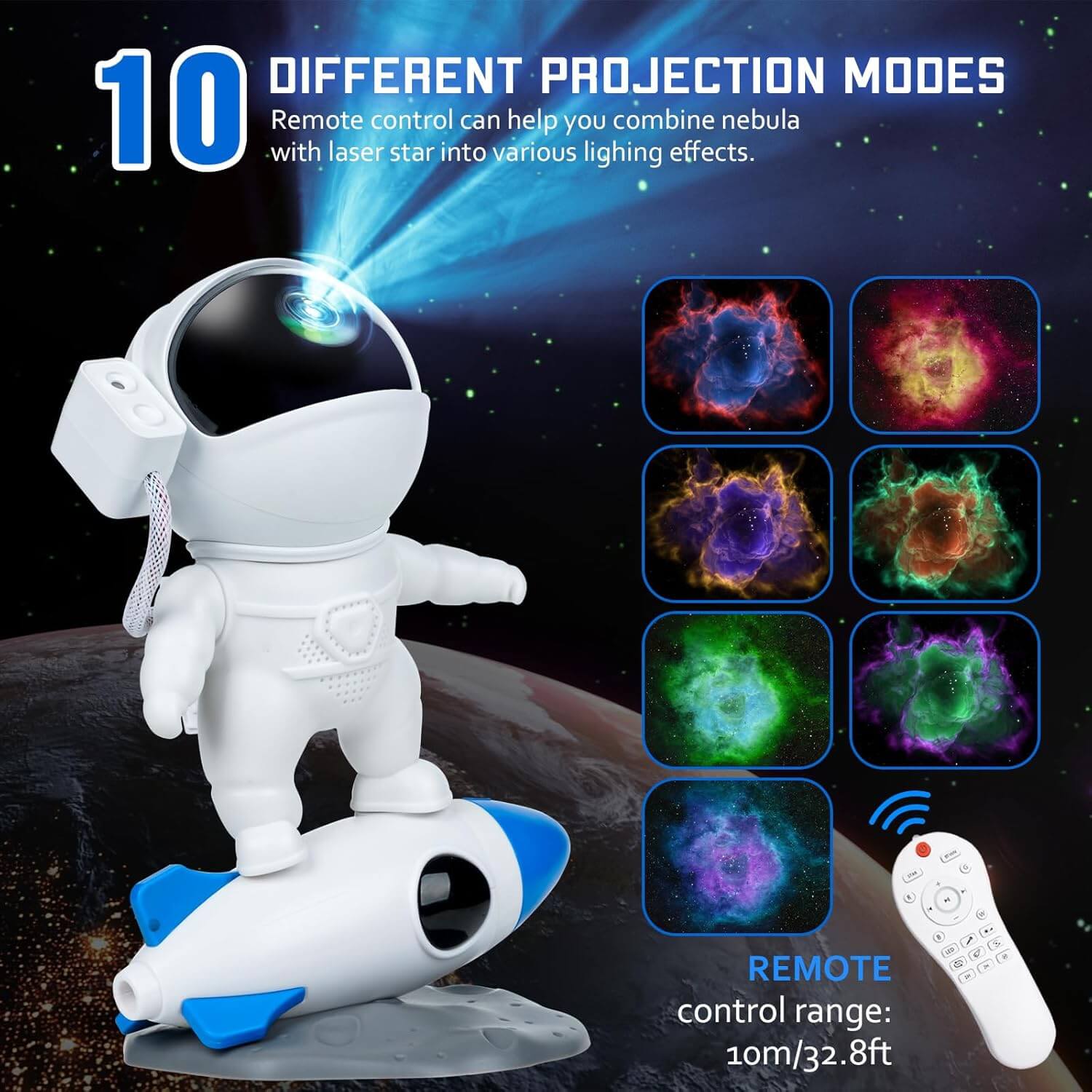 Astronaut Galaxy Projector with remote control showcasing 10 different nebula projection modes for celestial lighting experiences.