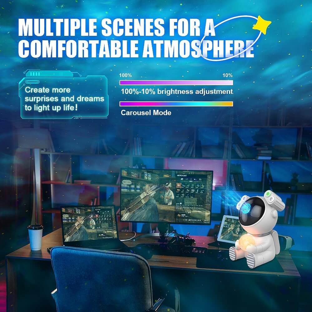 Astronaut Galaxy Projector creating a comfortable atmosphere with adjustable brightness and carousel mode in a multi-screen setup.