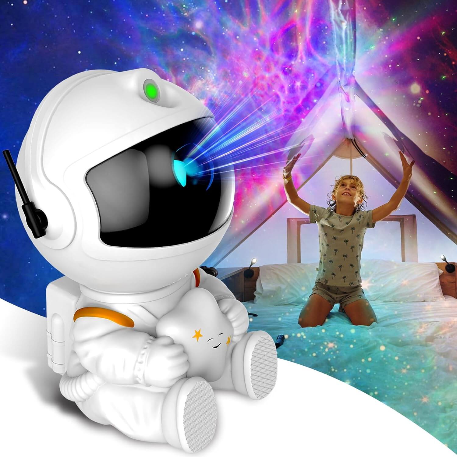 Astronaut Galaxy Projector illuminating a vibrant galaxy scene in a child's bedroom with an awe-struck child underneath.