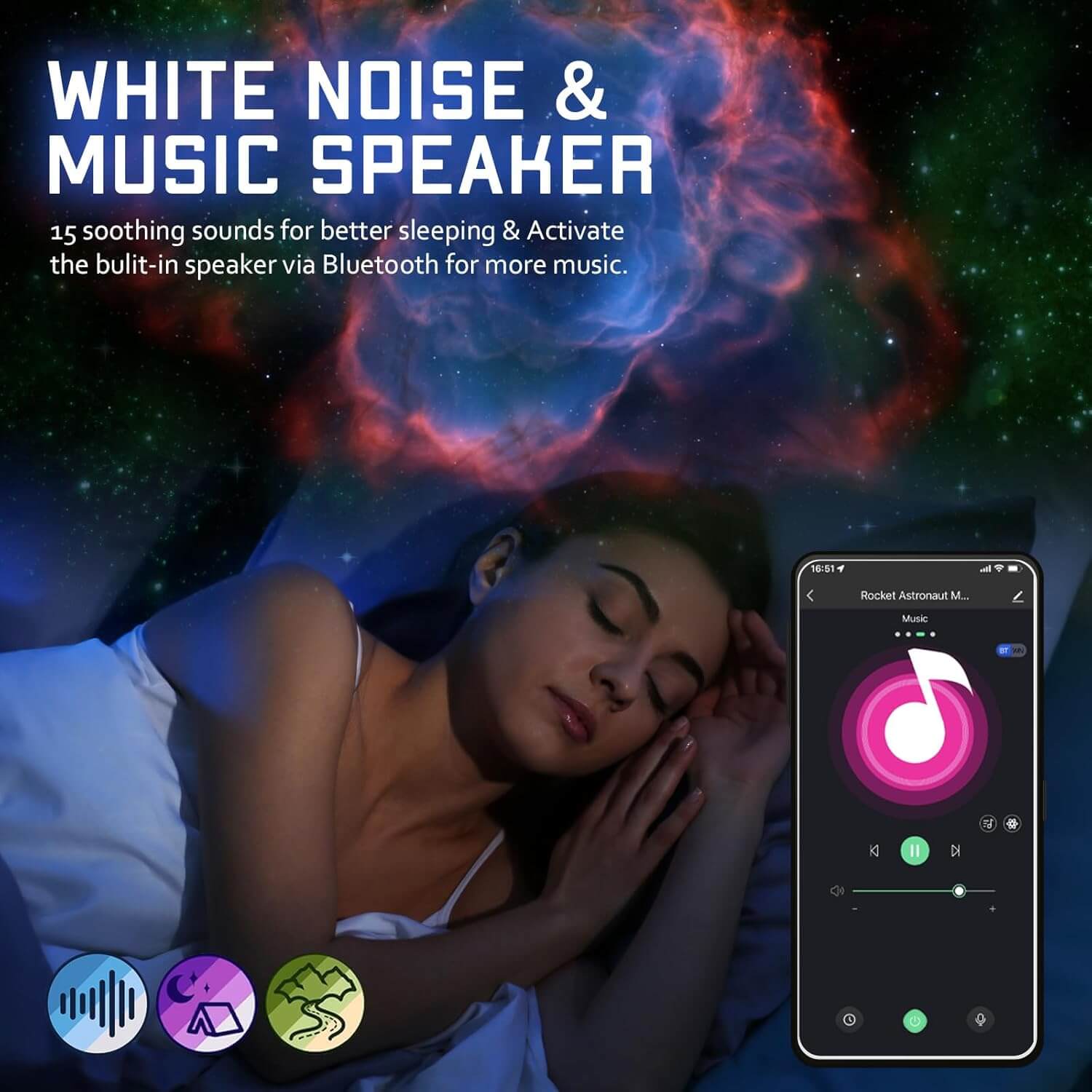 Woman sleeping with Astronaut Galaxy Projector night light, white noise and music speaker features 15 soothing sounds for better sleep