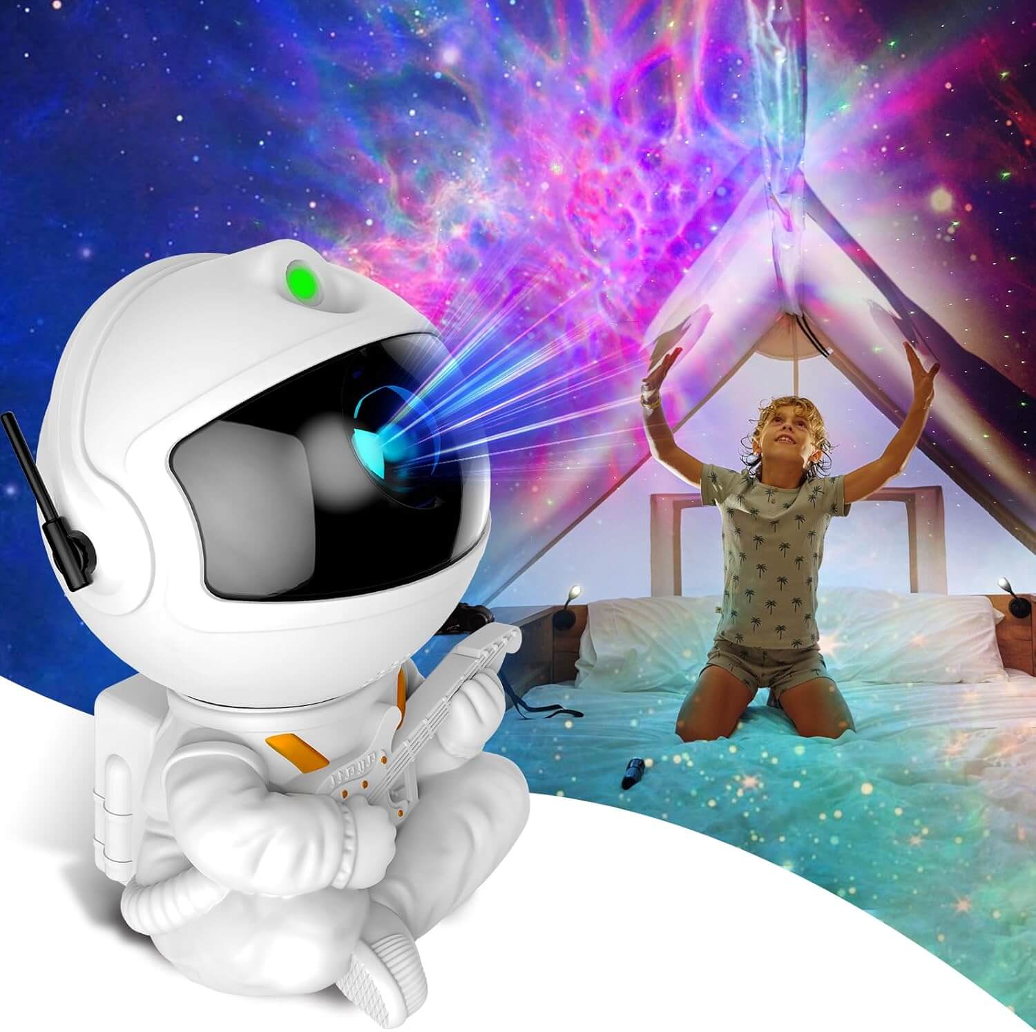 Astronaut Galaxy Projector casting vibrant nebula effects and green stars onto a room ceiling, illuminating a child with a mesmerizing light show.