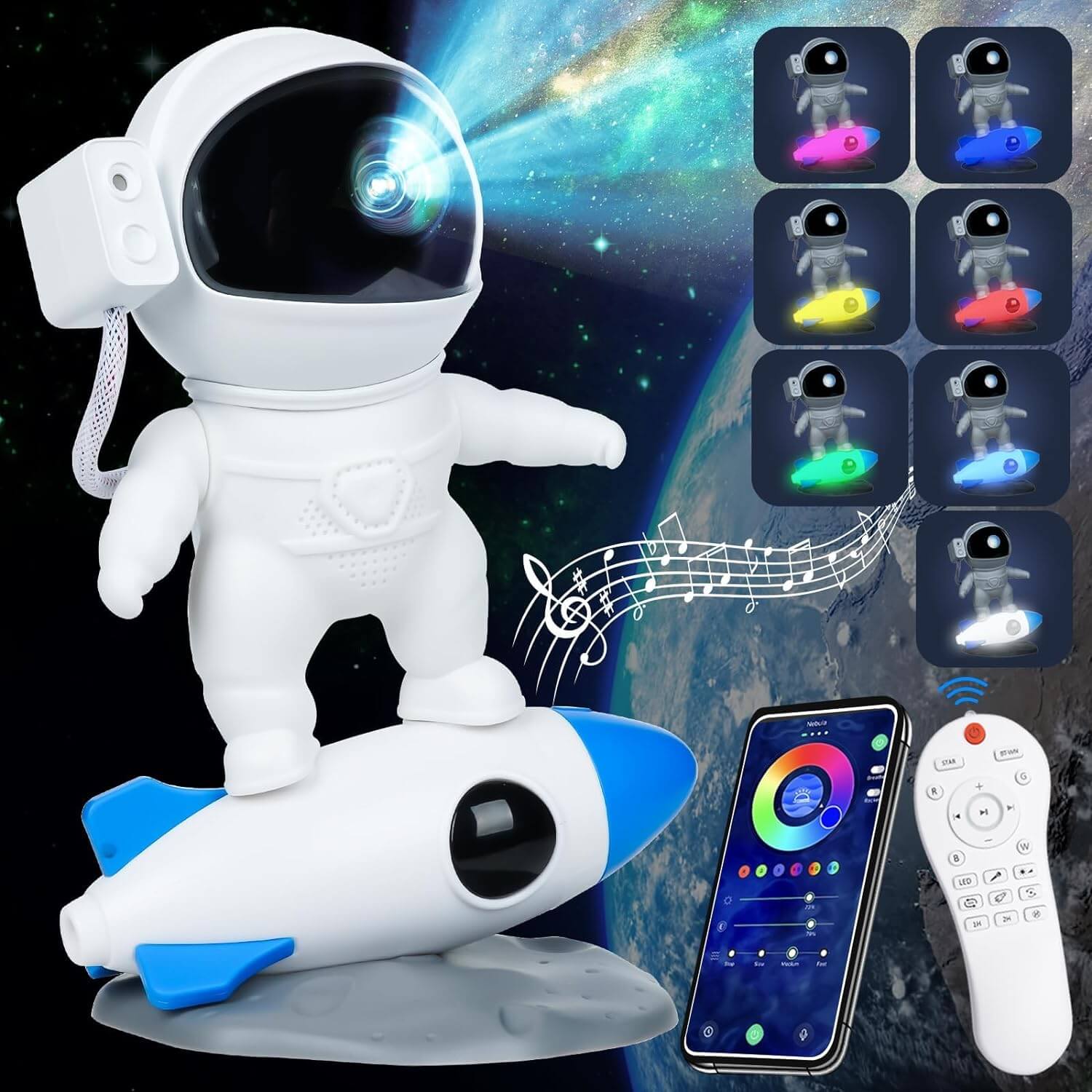 Astronaut Galaxy Projector lamp with remote control, showcasing starry sky lighting options and mobile app compatibility for cosmic magic.