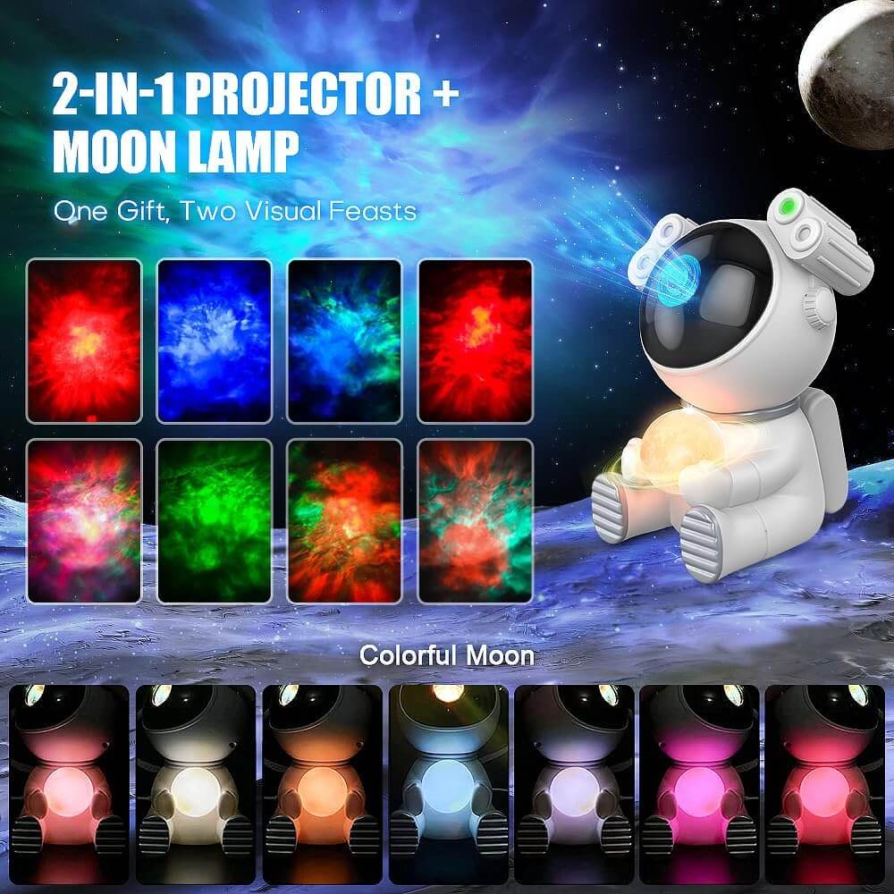 Astronaut Galaxy Projector and Moon Lamp with various colorful light effects