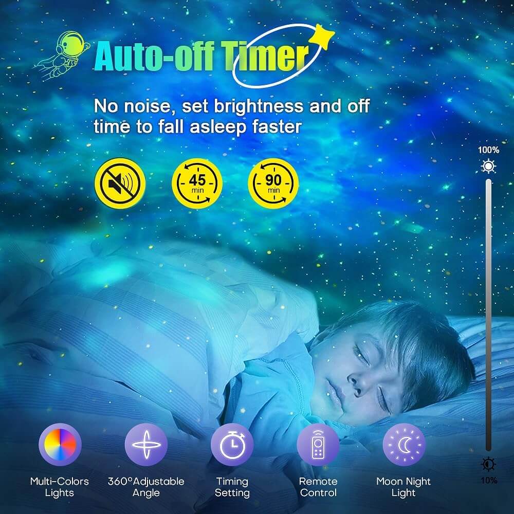 Child sleeping under the Astronaut Galaxy Projector's soothing starry night light with auto-off timer settings for peaceful sleep.