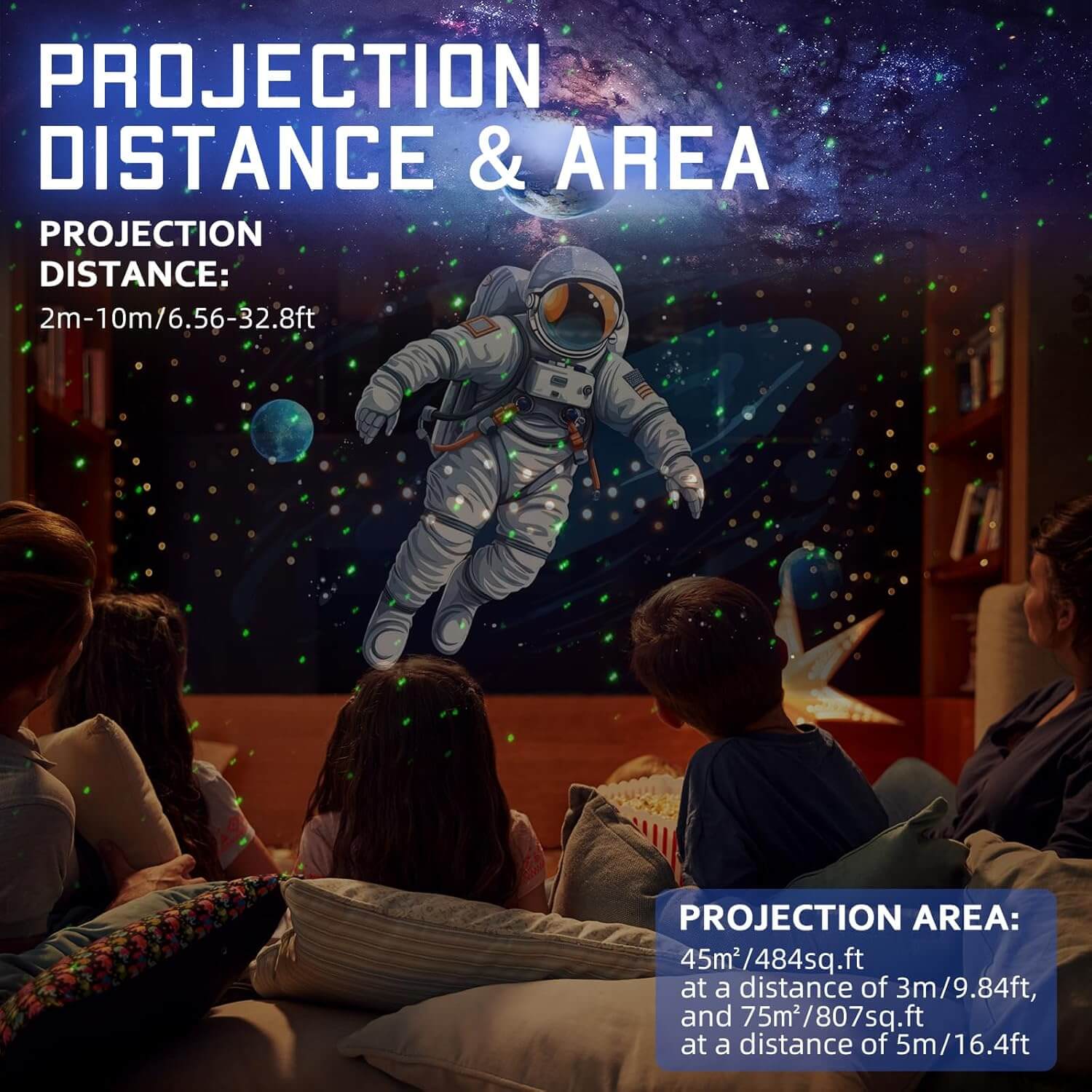 Astronaut Galaxy Projector displaying stars and galaxies in a cozy living room with children gazing at the mesmerizing projection distances.