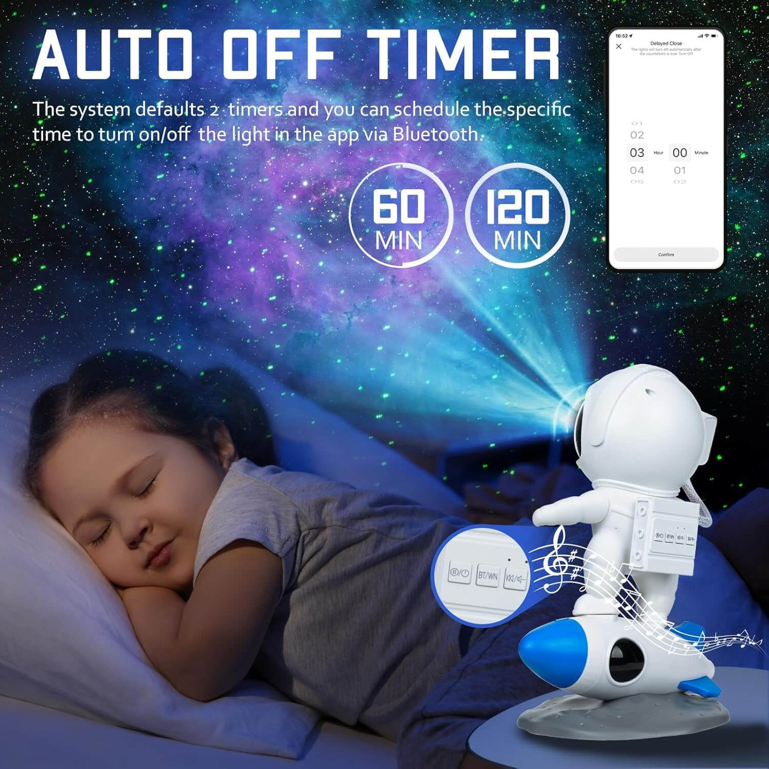 Astronaut Galaxy Projector with auto-off timer illuminating starry sky as a child peacefully sleeps. Perfect celestial lighting gift.