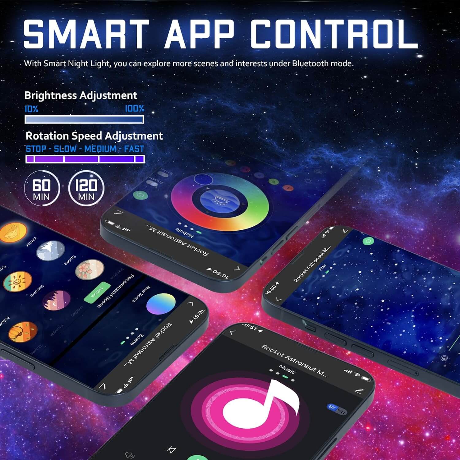 Astronaut Galaxy Projector smart app control with brightness and rotation speed settings for tailored celestial lighting experiences.