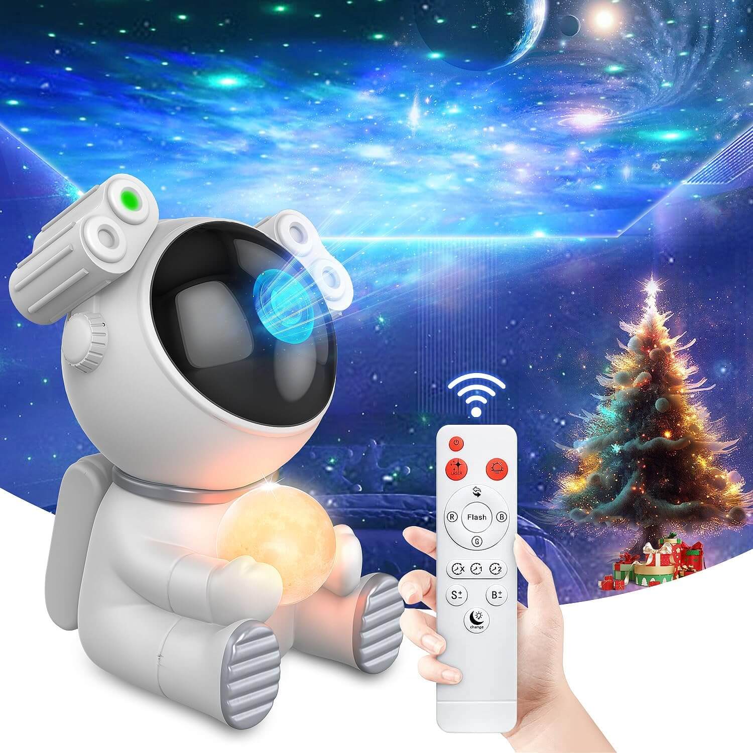 Astronaut Galaxy Projector 2.0 Night Light with Remote Control illuminating a vivid starry sky and Christmas tree background