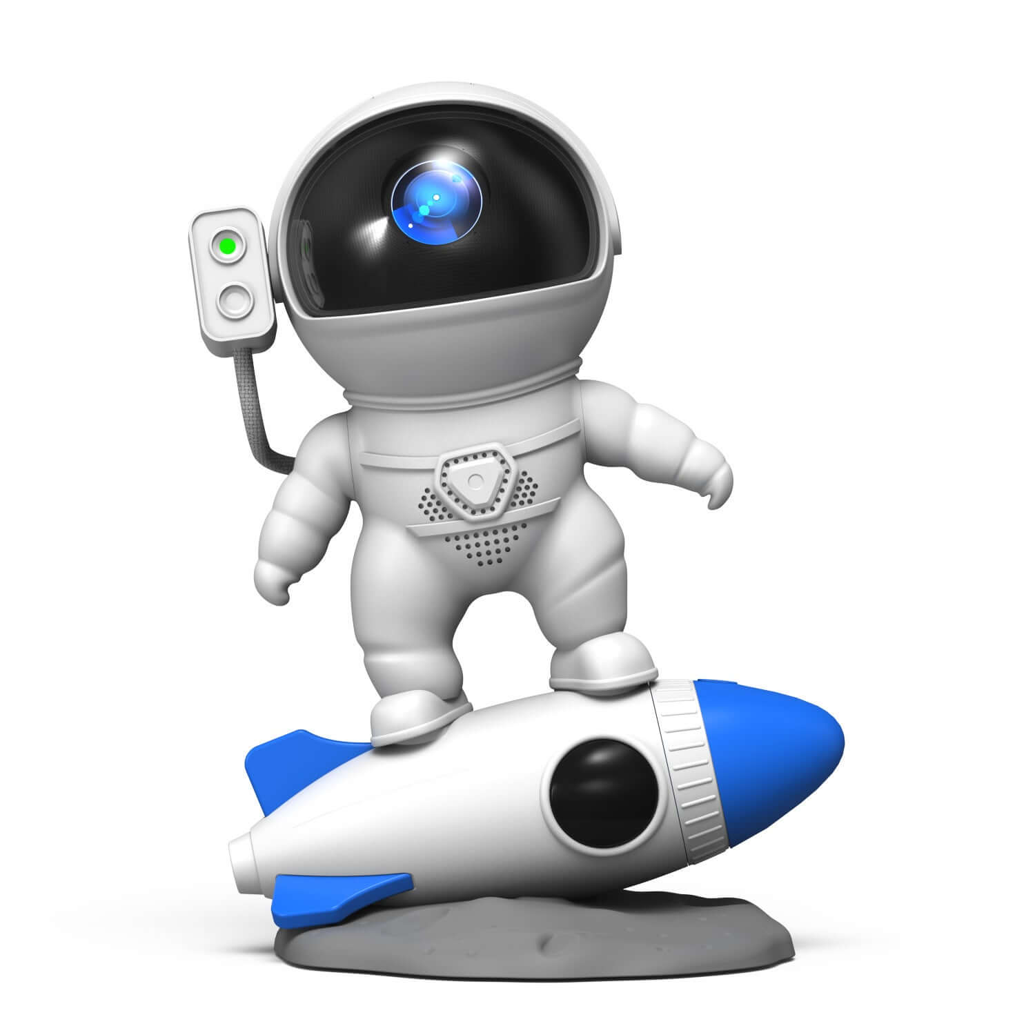 Astronaut Galaxy Projector - Cute astronaut figurine standing on a blue and white rocket, perfect for celestial lighting and cosmic ambiance